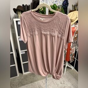 Maurices Lace Yoke Short Sleeve Top Twist Knot Hem